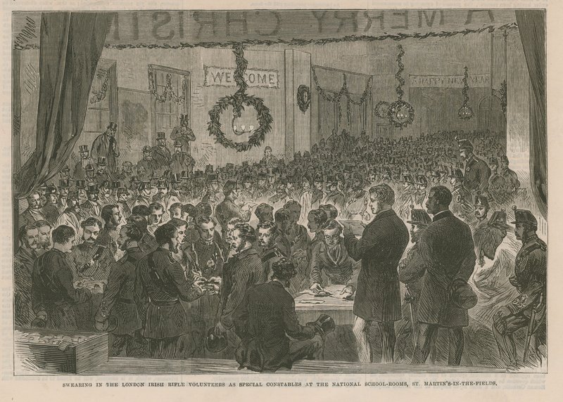 Assermentation des volontaires des fusiliers irlandais de Londres en tant que constables spéciaux - English School