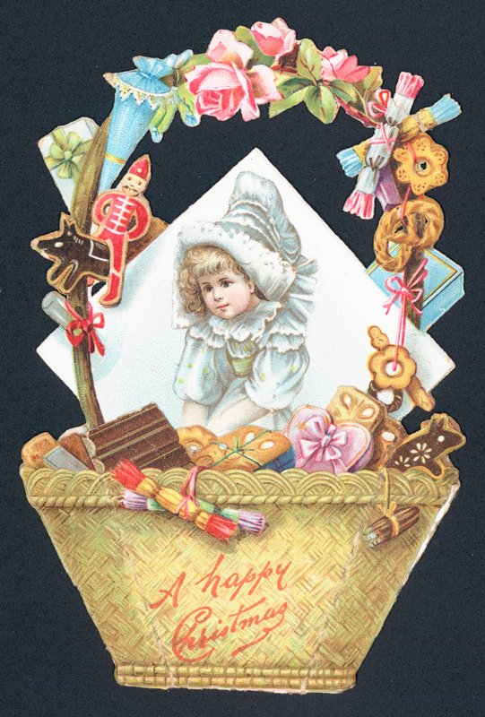 Panier de bonbons et image de fille, carte de Noël - English School