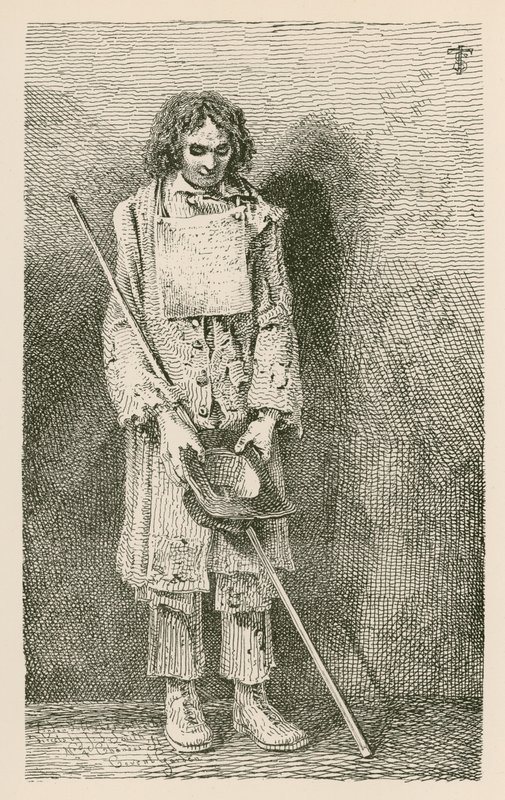 Grand mendiant aveugle, avec un long bâton - English School