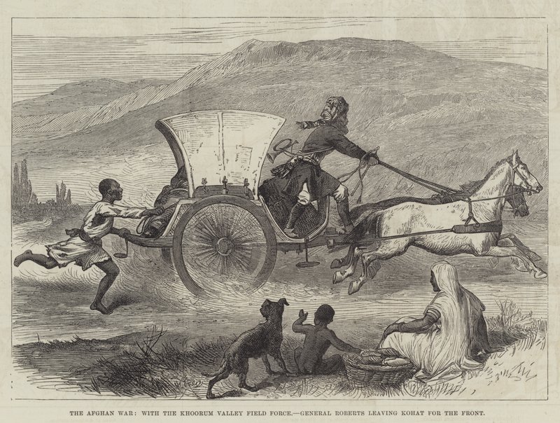 La guerre afghane, avec la force de campagne de la vallée de Khoorum, le général Roberts quittant Kohat pour le front (gravure) - English School