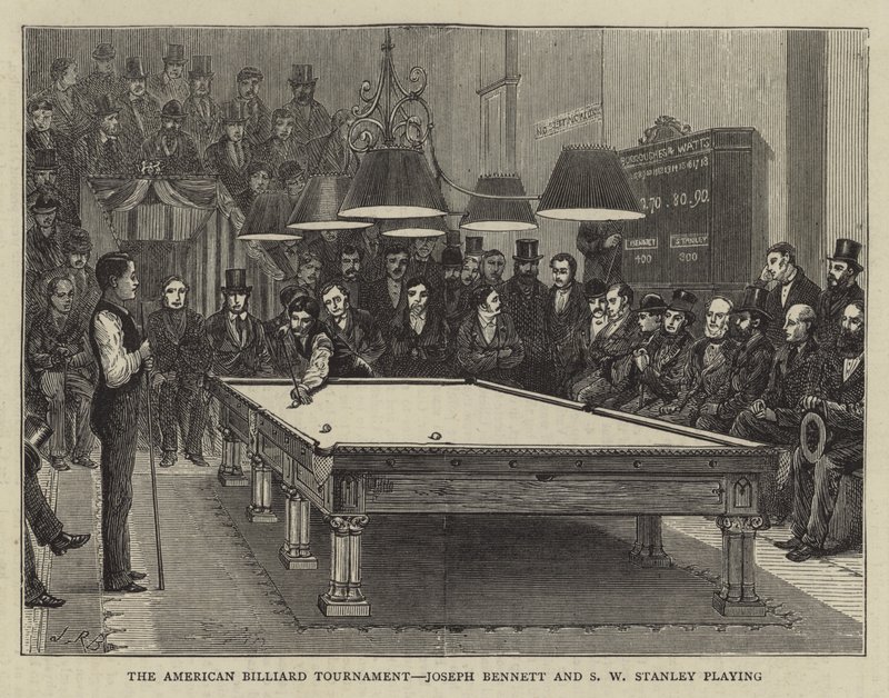 Le tournoi de billard américain, Joseph Bennett et S W Stanley jouant (gravure) - English School