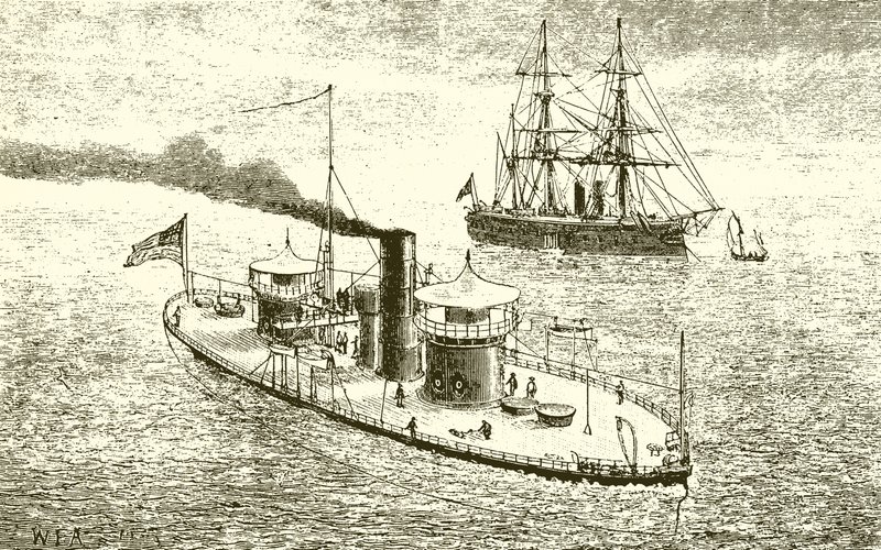 Le navire de guerre américain à double tourelle Miantonoma et cuirassé - English School