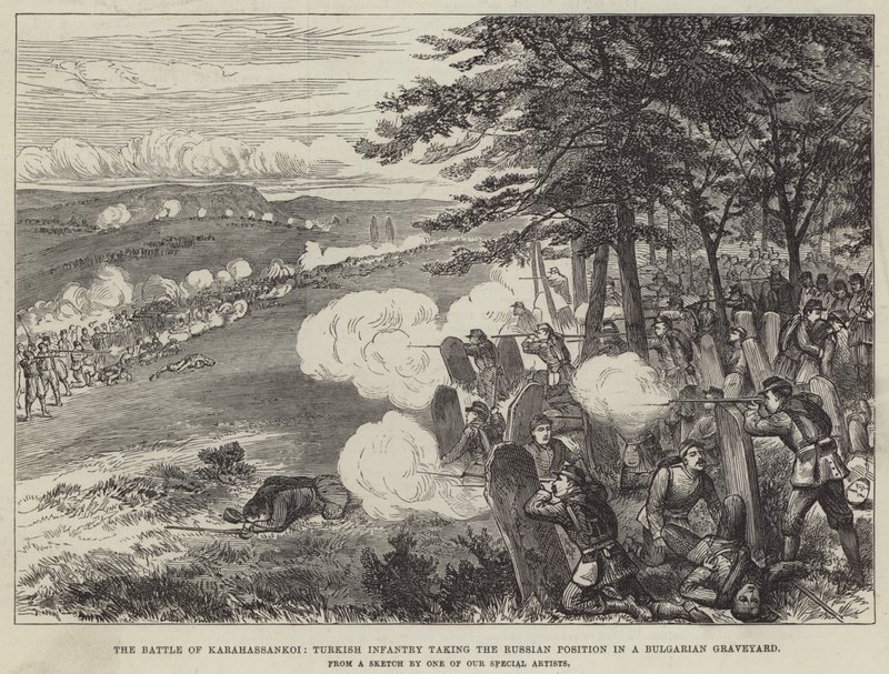 La bataille de Karahassankoi, infanterie turque prenant la position russe dans un cimetière bulgare - English School