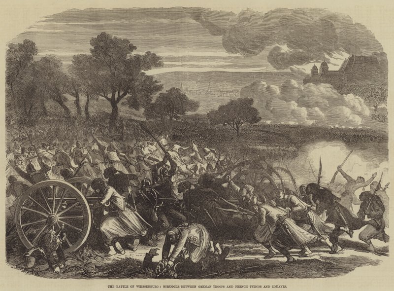La bataille de Weissenburg, lutte entre les troupes allemandes et les Turcos et Zouaves français (gravure) - English School
