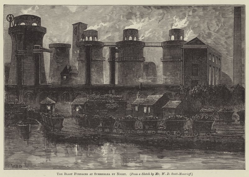 Les hauts fourneaux de Summerlea la nuit (gravure) - English School