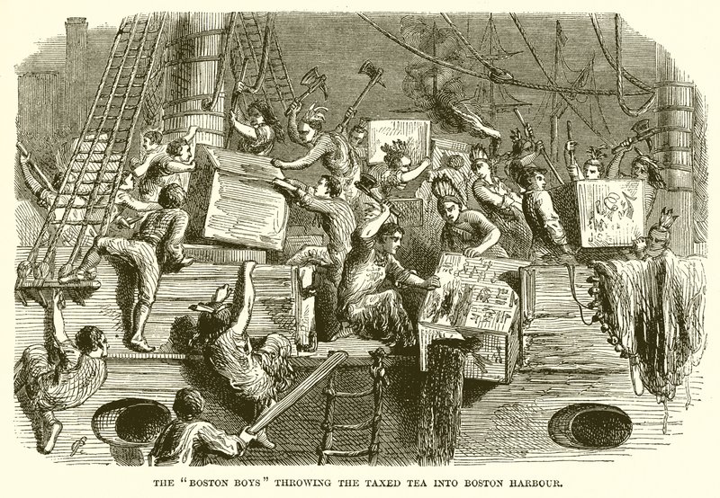 Les garçons de Boston jetant le thé taxé dans le port de Boston - English School