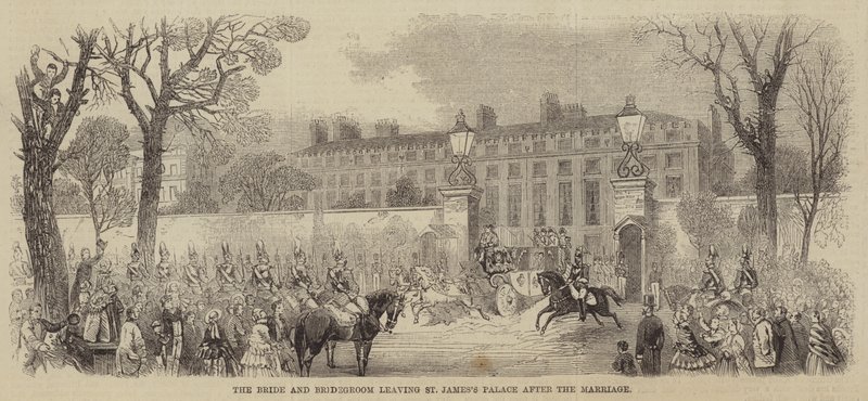 Les mariés quittant le palais de St James après le mariage - English School