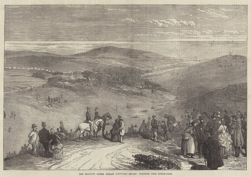 La revue des volontaires de Pâques à Brighton, lutte près de Rottingdean (gravure) - English School