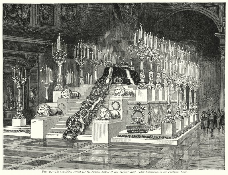 Le catafalque érigé pour le service funèbre de Sa Majesté le roi Victor Emmanuel, au Panthéon, Rome (gravure) - English School