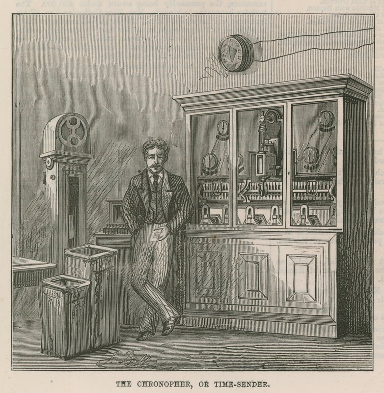 Établissement télégraphique du bureau de poste central : le chroniophore, ou émetteur de temps - English School