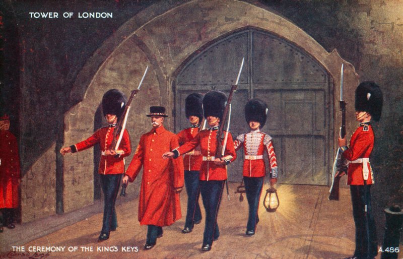 La cérémonie des clés du roi, Tour de Londres (lithographie couleur) - English School