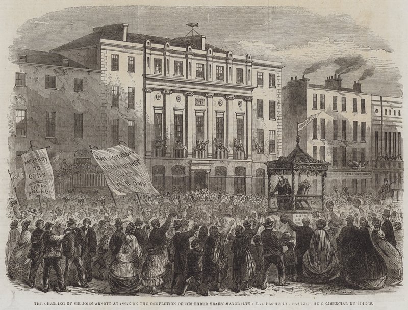 Le couronnement de Sir John Arnott à Cork à la fin de ses trois années de mairie, le cortège passant devant les bâtiments commerciaux (gravure) - English School