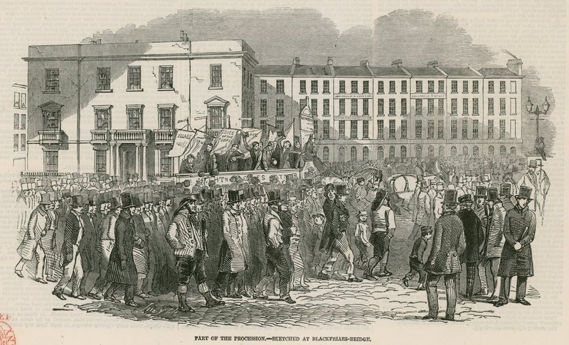 La réunion chartiste sur Kennington Common en 1848, partie de la procession - esquissée à Blackfriars Bridge - English School