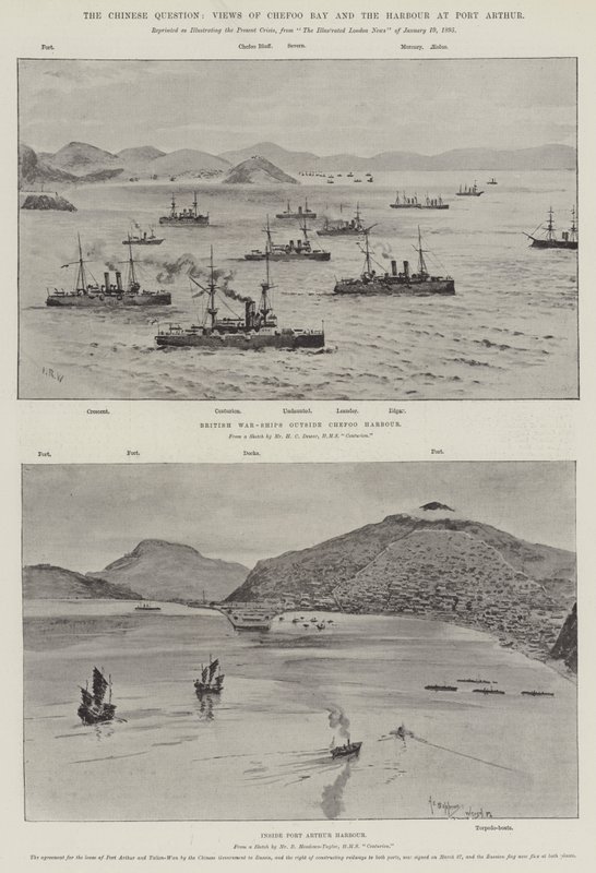 La question chinoise, vues de la baie de Chefoo et du port de Port Arthur (lithographie) - English School