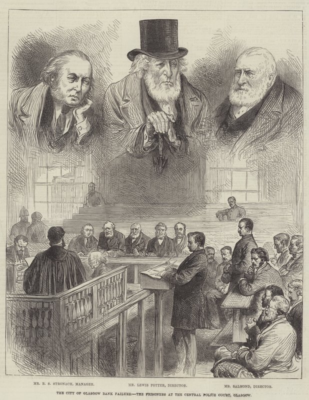 La faillite de la banque de la ville de Glasgow, les prisonniers au tribunal de police central, Glasgow (gravure) - English School