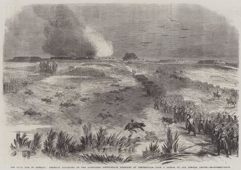 La guerre civile en Amérique, les fédéraux avançant sur les positions confédérées abandonnées à Centreville (gravure) - English School