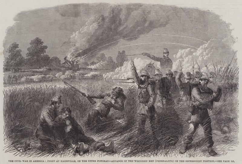 La guerre civile en Amérique, combat à Hainsville, sur le haut Potomac, avance des hommes du Wisconsin (fédéralistes) sur la position sécessionniste - English School