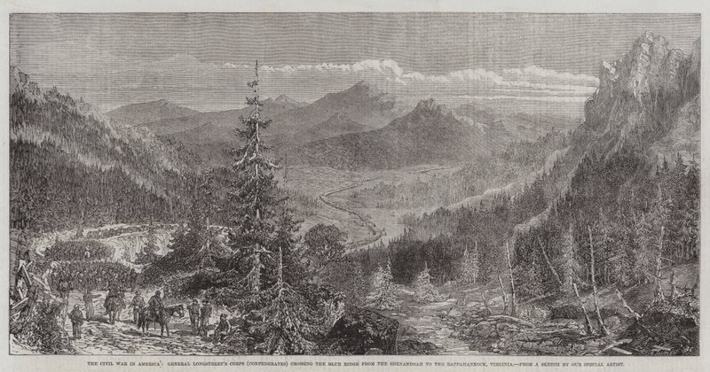 La guerre civile en Amérique, le corps du général Longstreet (Confédérés) traversant le Blue Ridge de la Shenandoah au Rappahannock, Virginie - English School