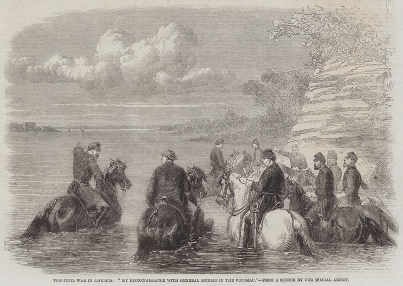 La guerre civile en Amérique, "Ma reconnaissance avec le général Sickles dans le Potomac" (gravure) - English School