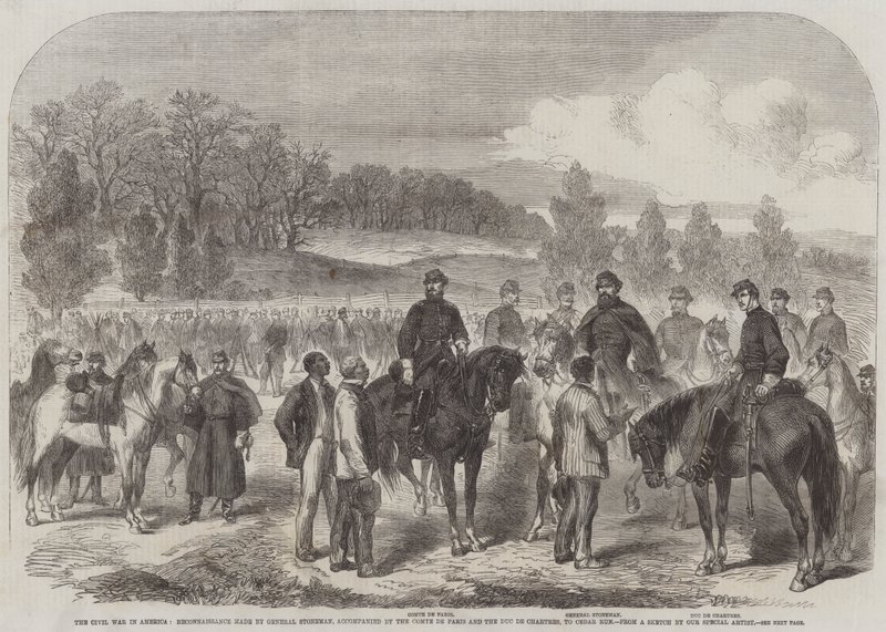 La guerre civile en Amérique, reconnaissance effectuée par le général Stoneman, accompagné du comte de Paris et du duc de Chartres, à Cedar Run (gravure) - English School
