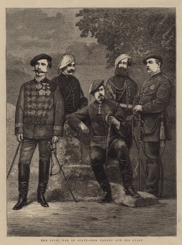 La guerre civile en Espagne, Don Carlos et son état-major (gravure) - English School