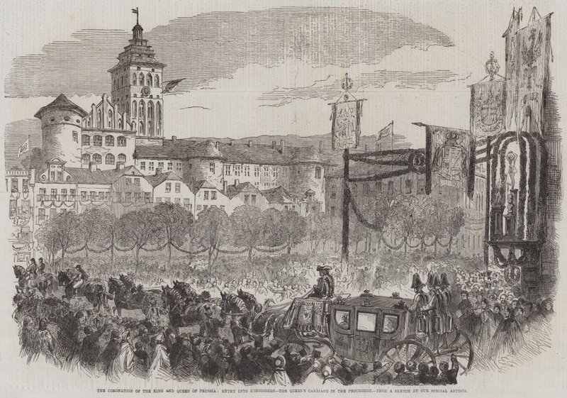 Le couronnement du roi et de la reine de Prusse, entrée à Königsberg, le carrosse de la reine dans la procession - English School