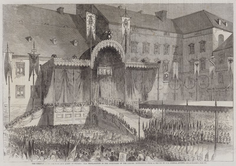 Le couronnement du roi et de la reine de Prusse, la proclamation dans la cour du Schloss, Königsberg - English School