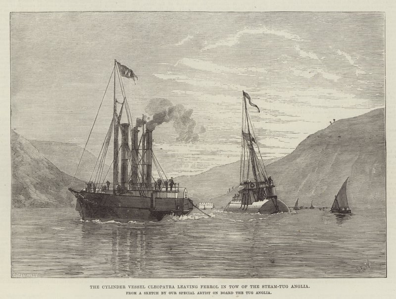 Le navire-cylindre Cléopâtre quittant Ferrol remorqué par le remorqueur Anglia (gravure) - English School
