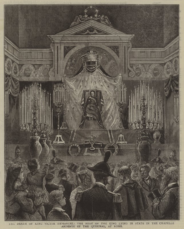 La mort du roi Victor Emmanuel, le corps du roi exposé dans la chapelle ardente du Quirinal, à Rome - English School