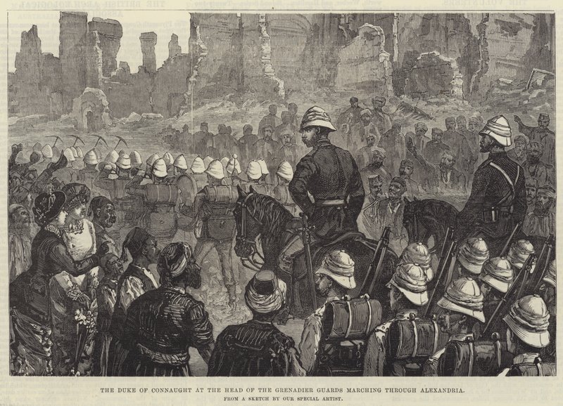 Le duc de Connaught à la tête des Grenadier Guards marchant à travers Alexandrie (gravure) - English School