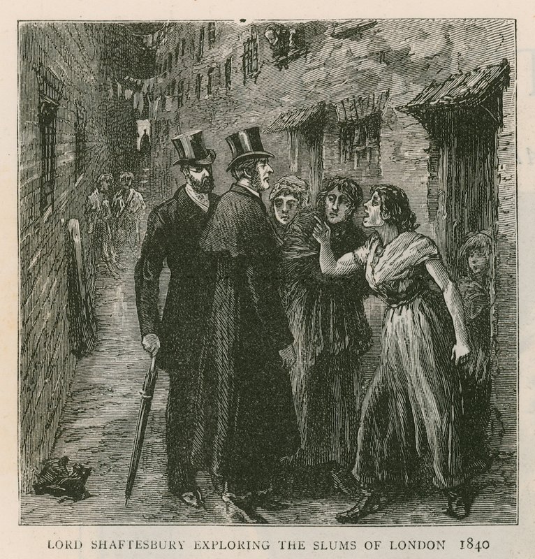 Le comte de Shaftesbury; explorant les taudis de Londres, 1840 - English School