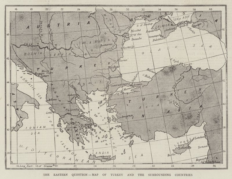 La question orientale, carte de la Turquie et des pays environnants (gravure) - English School