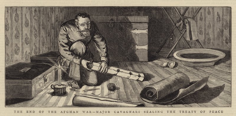 La fin de la guerre afghane, le major Cavagnari scellant le traité de paix (gravure) - English School