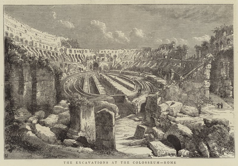Les fouilles au Colisée, Rome (gravure) - English School