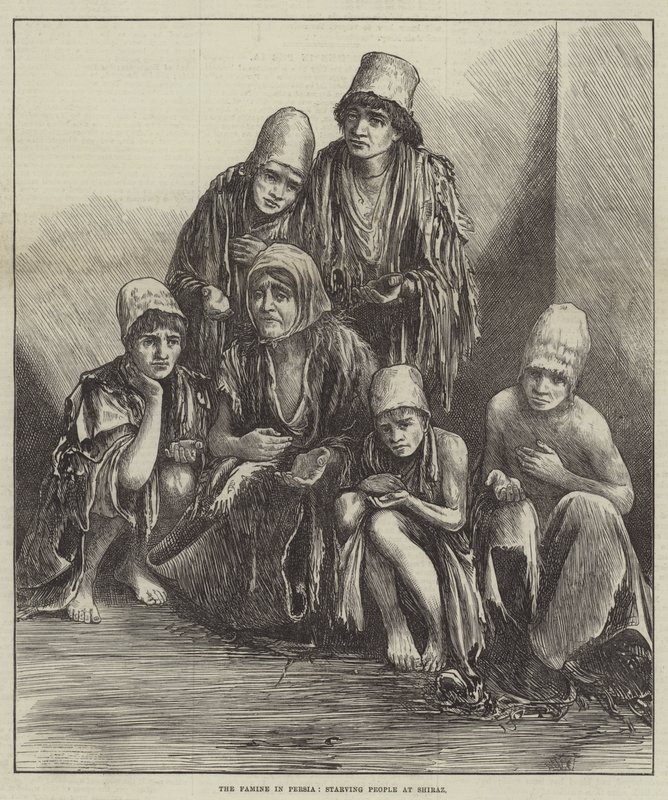 La famine en Perse, les gens affamés à Chiraz (gravure) - English School