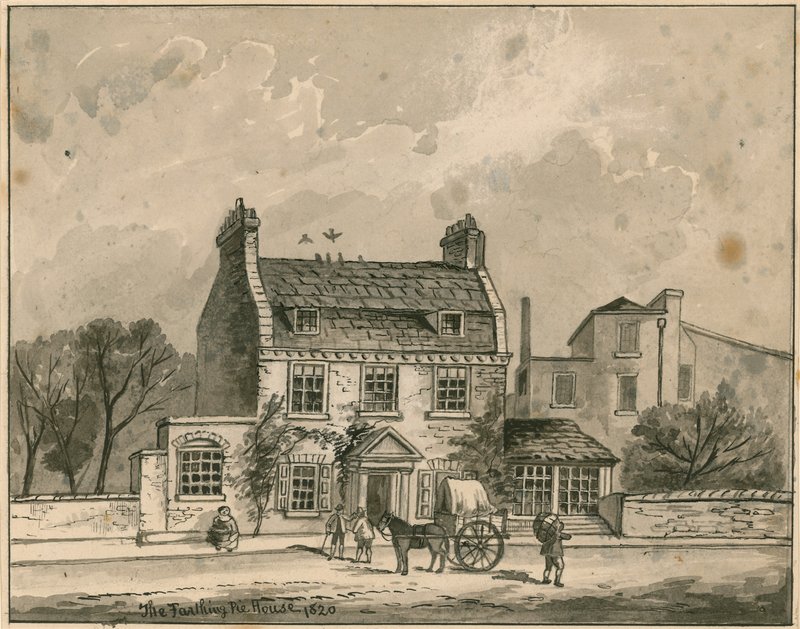 The Farthing Pie House, Londres, dessin original daté de 1820 - English School