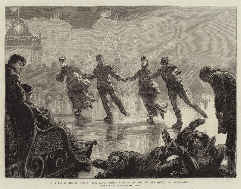 Les festivités en Russie, la fête royale patinant sur le quai anglais, Saint-Pétersbourg (gravure) - English School
