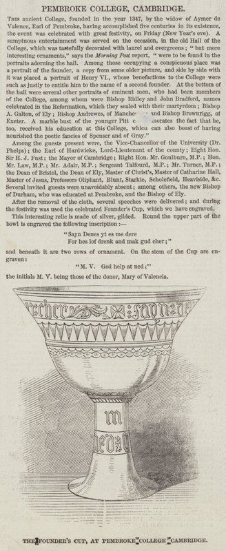 La coupe du fondateur, au Pembroke College, Cambridge (gravure) - English School