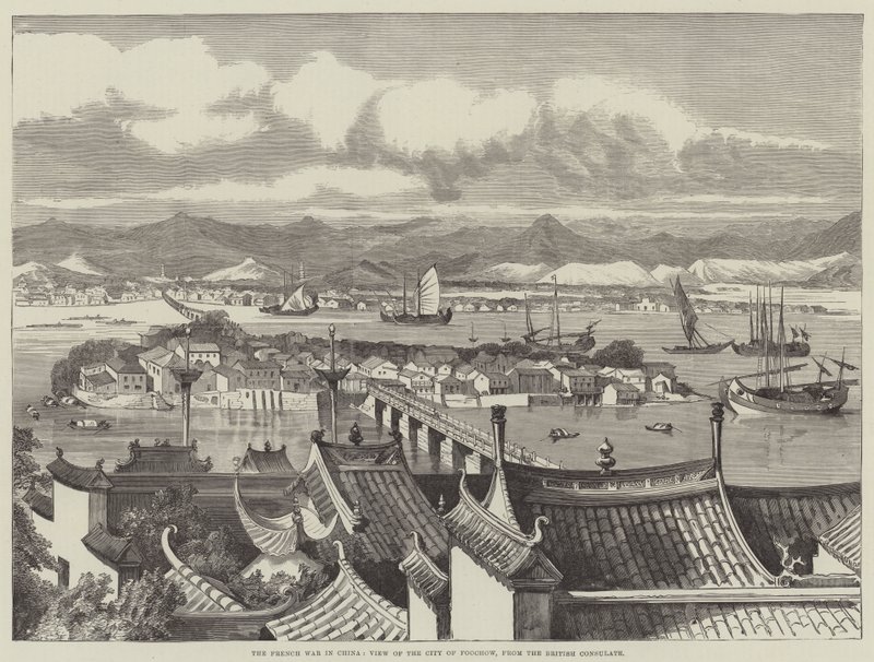 La guerre française en Chine, vue de la ville de Foochow, depuis le consulat britannique (gravure) - English School