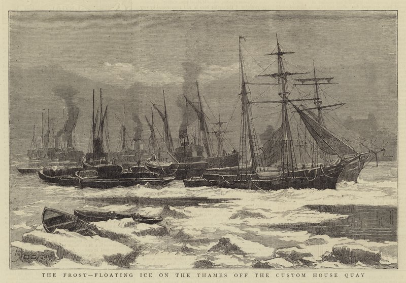 Le gel, glace flottante sur la Tamise au quai de la douane - English School