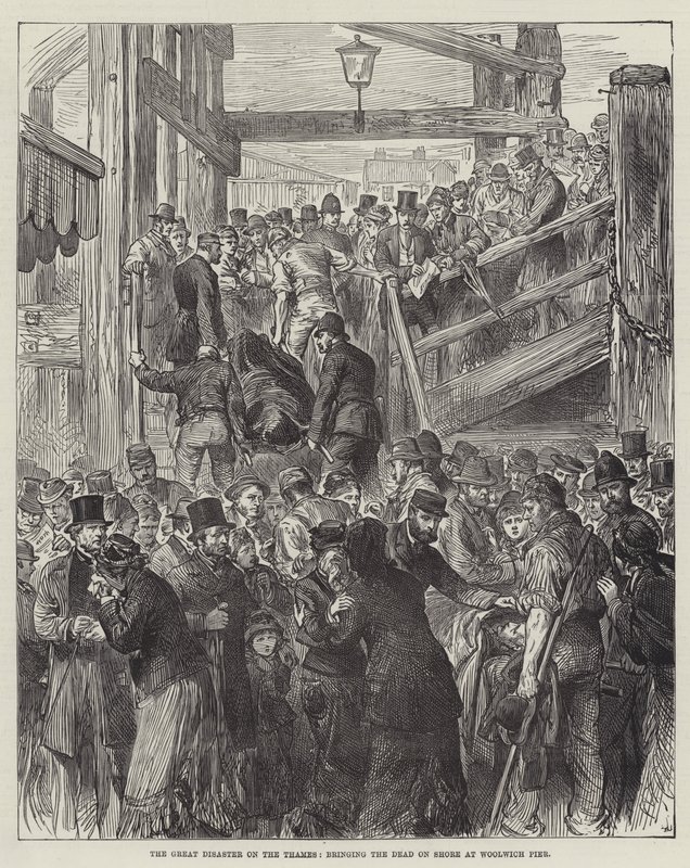La grande catastrophe sur la Tamise, ramenant les morts à terre à Woolwich Pier (gravure) - English School