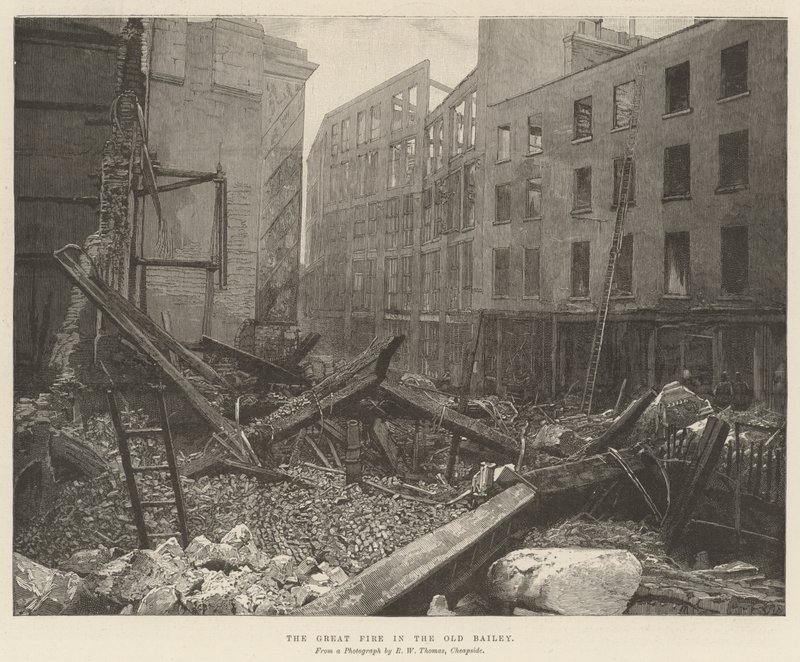 Le grand incendie à Old Bailey (gravure) - English School