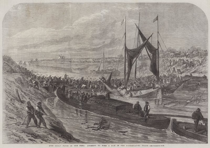 La grande inondation dans les Fens, tentative de former un barrage dans le drain de niveau moyen (gravure) - English School