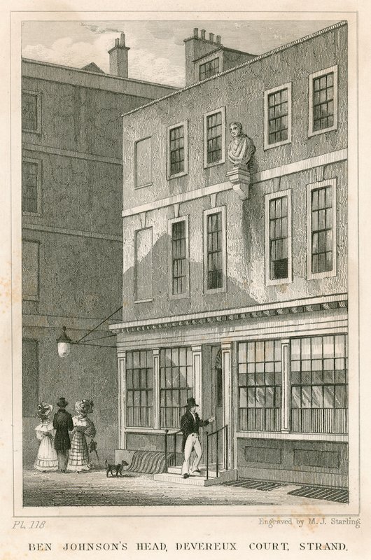 The Grecian Coffee House, Devereux Court, Strand, avec un buste de Ben Johnson - English School
