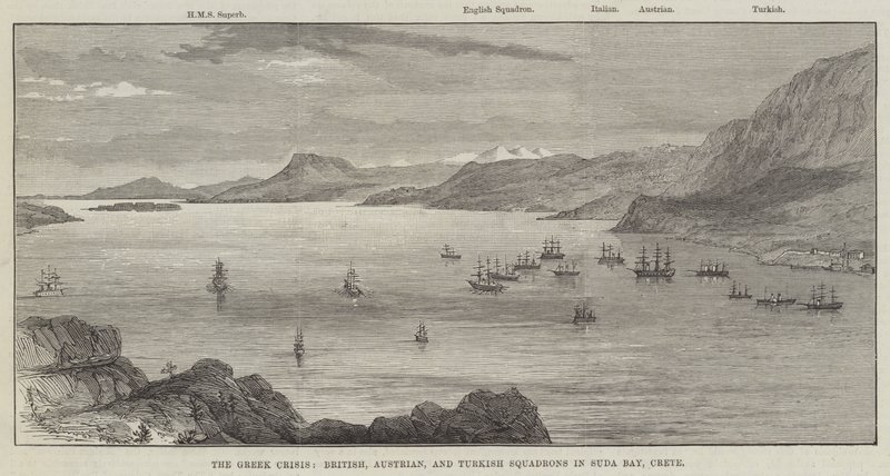 La crise grecque, escadrons britanniques, autrichiens et turcs dans la baie de Suda, Crète - English School