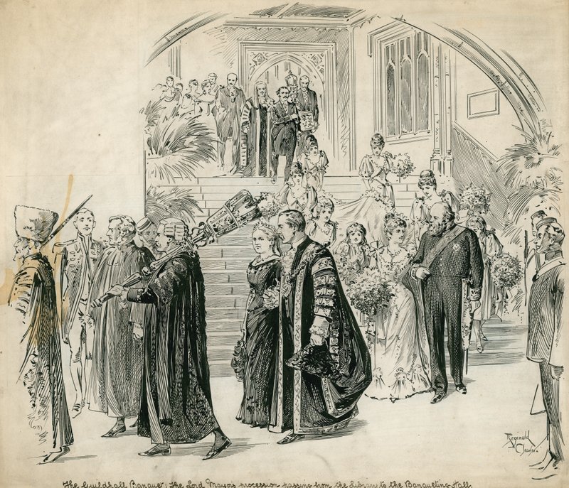 Le Guildhall, Londres, Banquet : le cortège du Lord Maire passant de la bibliothèque à la salle de banquet - English School
