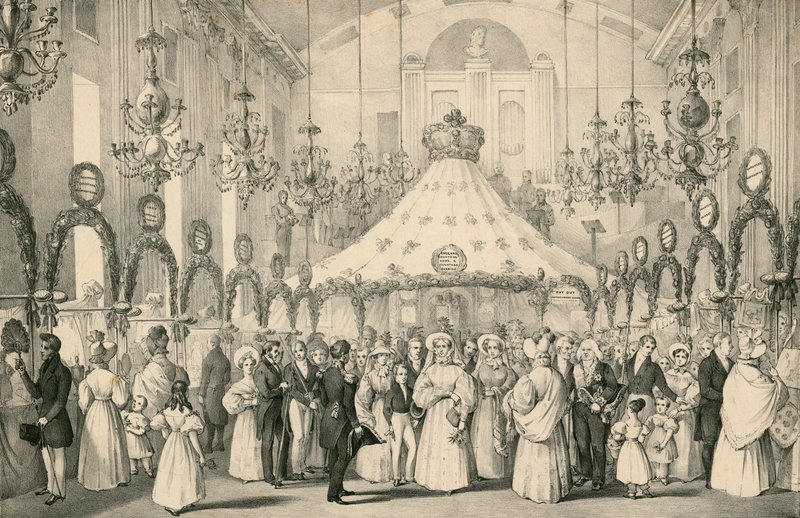 Les salles de Hanover Square lorsque la reine Victoria a pris la vue privée de la foire de fantaisie en aide aux étrangers en détresse, tenue le 19 juin 1833 - English School