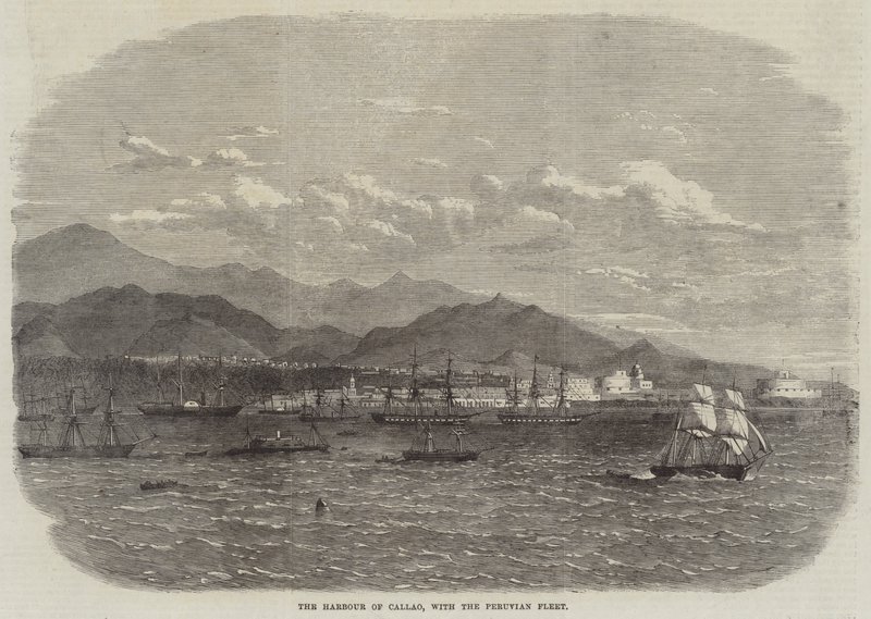 Le port de Callao, avec la flotte péruvienne (gravure) - English School