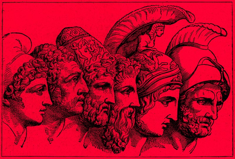 Les héros de la guerre de Troie : Paris, Diomède, Ulysse, Nestor, Achille, Agamemnon, illustration de L