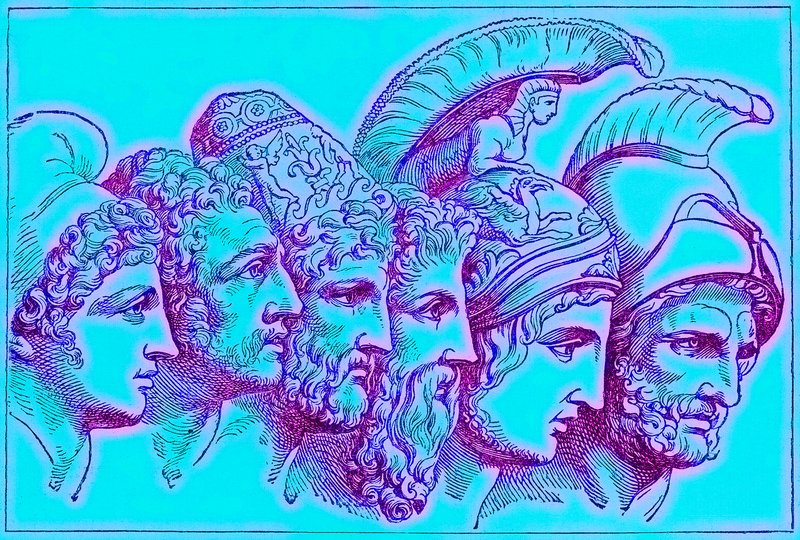 Les héros de la guerre de Troie : Paris, Diomède, Ulysse, Nestor, Achille, Agamemnon, illustration de L